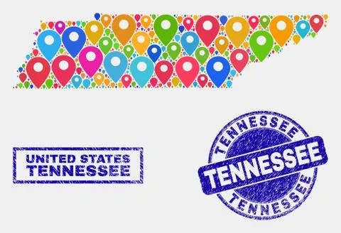 Map Markers Collage of Tennessee State Map and Scratched Stamps 스톡 일러스트