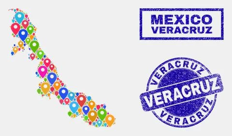 Map Markers Collage of Veracruz State Map and Grunge Stamp Seals Stock Illustration