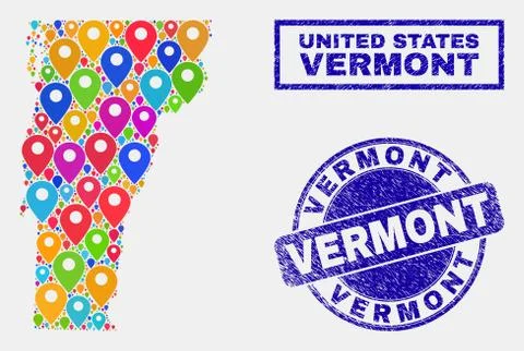 Map Markers Collage of Vermont State Map and Distress Seals 스톡 일러스트