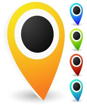 Map markers, map pins, pointer elements. 5 colors, orange, blue, green, red,  Illustrazione stock