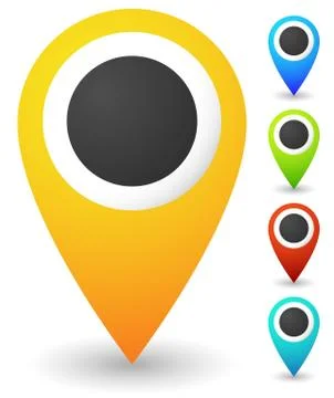 Map markers, map pins, pointer elements. 5 colors, orange, blue, green, red,  Illustrazione stock