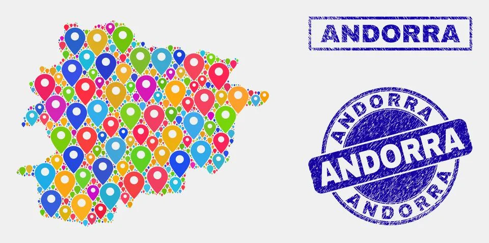 Map Markers Mosaic of Andorra Map and Textured Stamps 스톡 일러스트