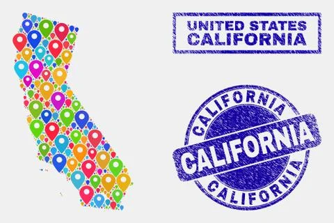 Map Markers Mosaic of California State Map and Grunge Stamp Seals 스톡 일러스트