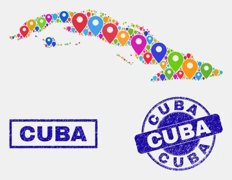 Map Markers Mosaic of Cuba Map and Distress Seals 스톡 일러스트