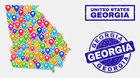 Map Markers Mosaic of Georgia State Map and Distress Stamps 스톡 일러스트