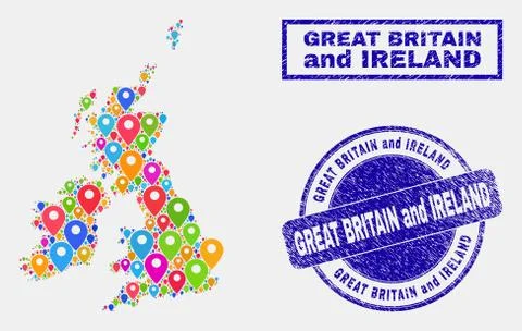 Map Markers Mosaic of Great Britain and Ireland Map and Textured Stamps 스톡 일러스트