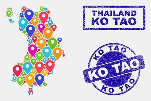 Map Markers Mosaic of Ko Tao Map and Scratched Seals 스톡 일러스트