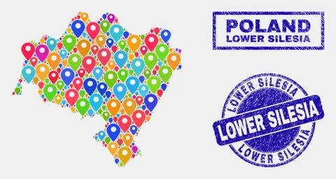 Map Markers Mosaic of Lower Silesian Voivodeship Map and Scratched Seals 스톡 일러스트