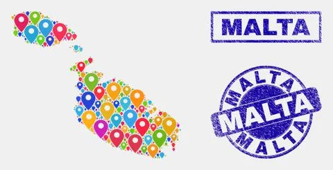 Map Markers Mosaic of Malta Map and Distress Seals 스톡 일러스트