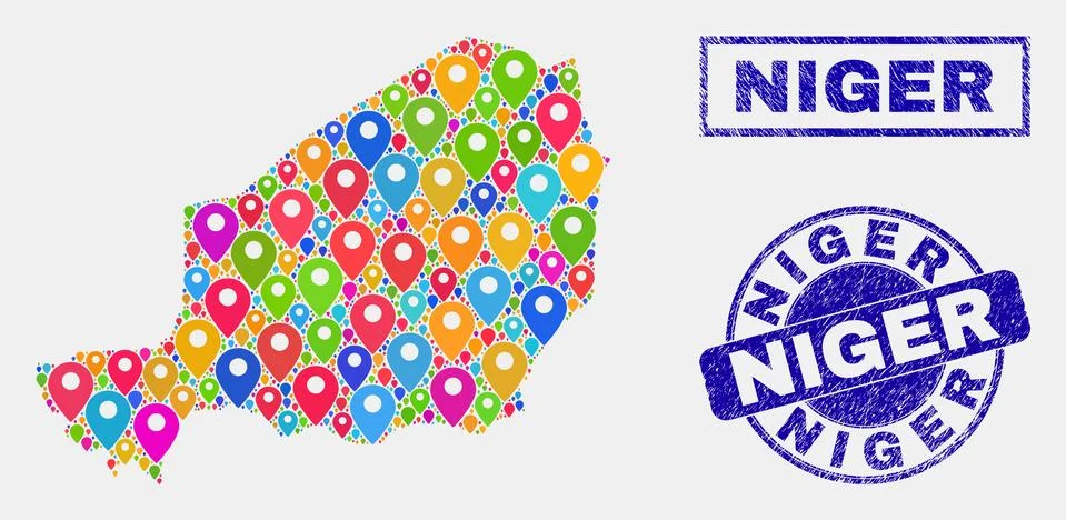 Map Markers Mosaic of Niger Map and Scratched Stamp Seals 스톡 일러스트