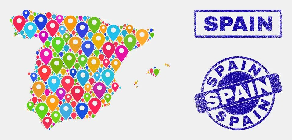 Map Markers Mosaic of Spain Map and Scratched Stamps 스톡 일러스트