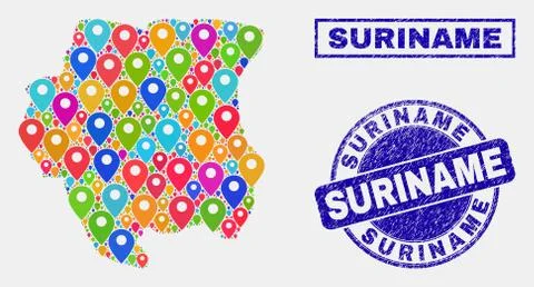 Map Markers Mosaic of Suriname Map and Scratched Stamp Seals 스톡 일러스트