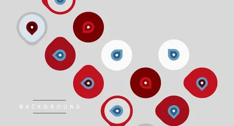 Map markers, red and white, scattered across gray background. Simple design, Illustrazione stock