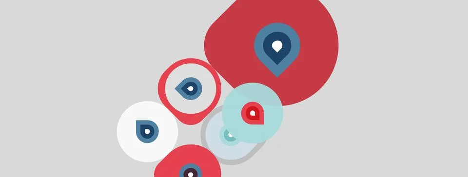 Map markers, varying sizes, red and white colors. Location pins suggest point Stock Illustration