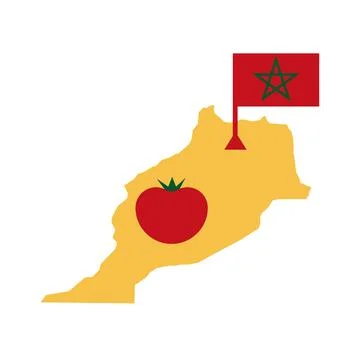 Map of Marocco with flag and round tomato on it. Tomatoes from Morocco cons.. Stock Illustration