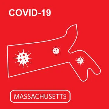Map of Massachusetts State labeled COVID-19. White outline map on a red Stock-Illustration