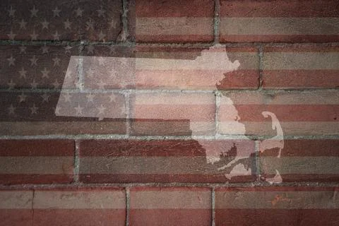 Map of massachusetts state on a painted flag of united states of america on.. Stock Photos