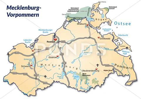 Map of mecklenburg-western pomerania with highways in pastel orange ...