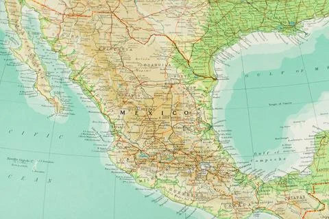 An map of Mexico, displaying geographical features such as states, cities, .. Фото