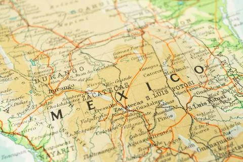 An map of Mexico, displaying geographical features such as states, cities, .. Stock Photos