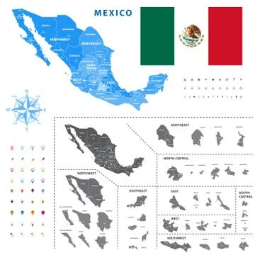 Map of Mexico regions represents a general outline of a states ciudades Stock Illustration