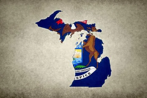Map of Michigan with its flag on a paper Stock Illustration