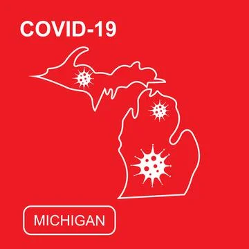 Map of Michigan State labeled COVID-19. White outline map on a red background. Illustrazione stock