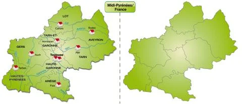Map of midi-pyrenees with borders in green Stock Illustration