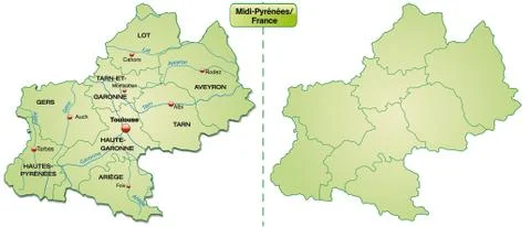 Map of midi-pyrenees with borders in pastel green Stock Illustration