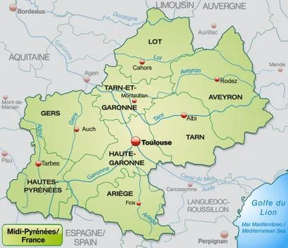 Map of midi-pyrenees with borders in pastel green Stock Illustration