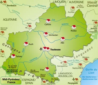 Map of midi-pyrenees as an overview map in green Stock Illustration