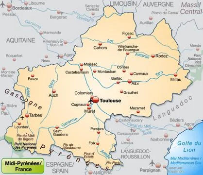 Map of midi-pyrenees as an overview map in pastel orange Stock Illustration