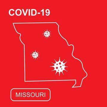 Map of Missouri State labeled COVID-19. White outline map on a red background. Stock-Illustration