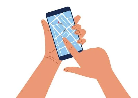 Map on mobile phone. GPS navigator. Human hands holding and Using Mobile Phone Stock Illustration