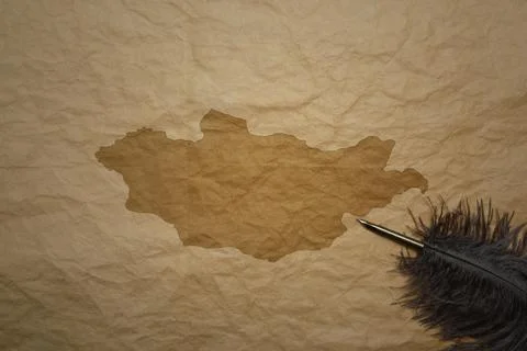 Map of mongolia on a old paper background with old pen Stock Photos