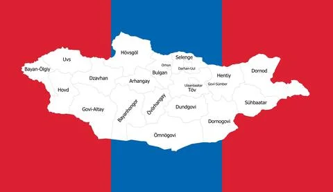 Map of mongolia with regional provinces displayed over a red and blue flag Stock Illustration