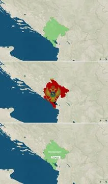 The map of Montenegro with text, textless, and with flag Stock Illustration