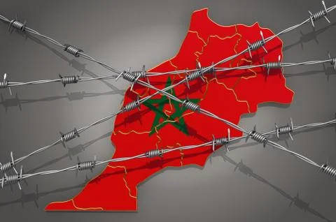 Map of Morocco with barbed wire, 3D rendering Stock Illustration