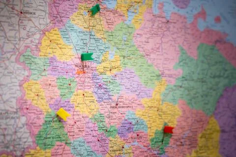 The map of Moscow is marked with pushpin Stock Photos