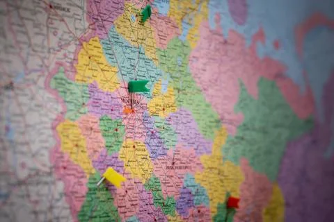 The map of Moscow is marked with pushpin Stock Photos