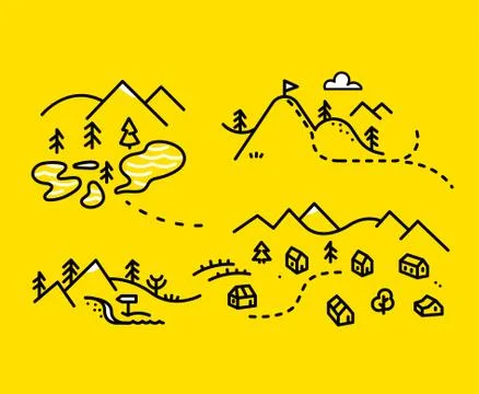 Map mountains. Set graphic elements yellow black contour Stock Illustration