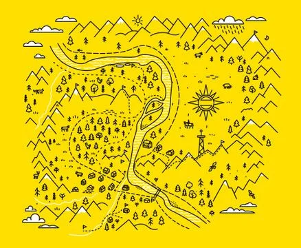 Map mountains. Set graphic elements yellow black contour Stock Illustration