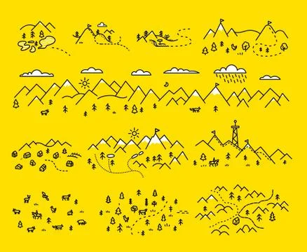 Map mountains. Set graphic elements yellow black contour Stock Illustration