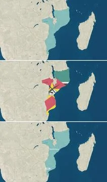 The map of Mozambique with text, textless, and with flag Stock Illustration