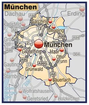 Map of munich with highways in pastel orange Stock Illustration