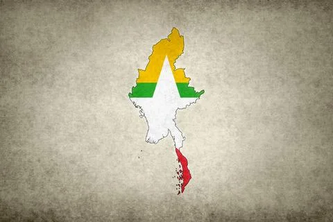 Map of Myanmar with its flag on a paper Stock Illustration