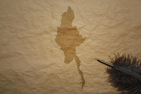Map of myanmar on a old paper background with old pen Stock Photos
