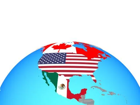Map of NAFTA memeber states with flags on globe Stock Illustration