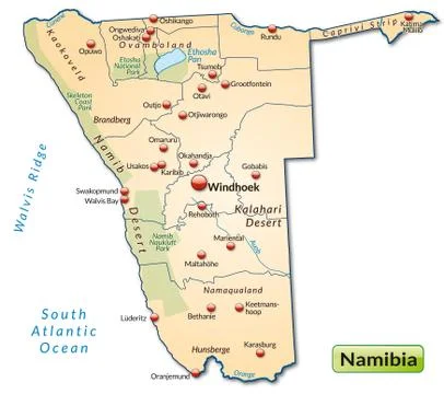Map of namibia as an overview map in pastel orange Stock Illustration