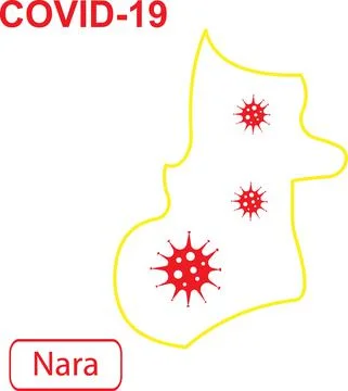 Map of Nara labeled COVID-19. Yellow outline map on a white background. Stock Illustration